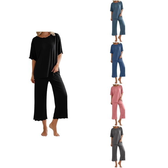 Antinious Women Tank Short Sleeve Solid Ice Silk Ruffle Comfortable Pajamas Set Pants Summer Home Wear