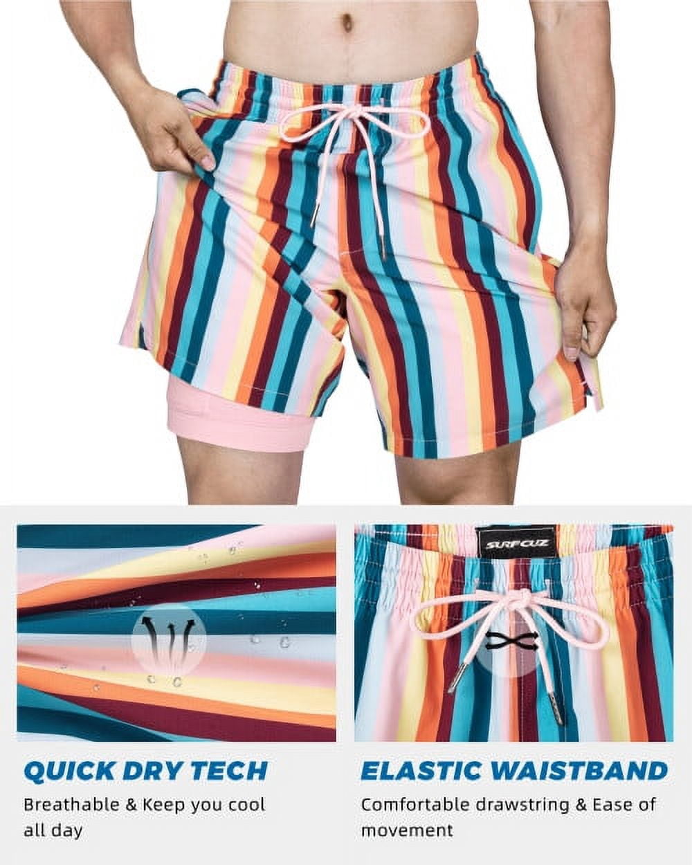 SURF CUZ Mens Swim Trunks with Compression Liner Quick Dry Swim Shorts 7" Swimming Trunks Stretch Bathing Suit Boardshorts Zipper Pockets Beige Vintage Stripes X-Large