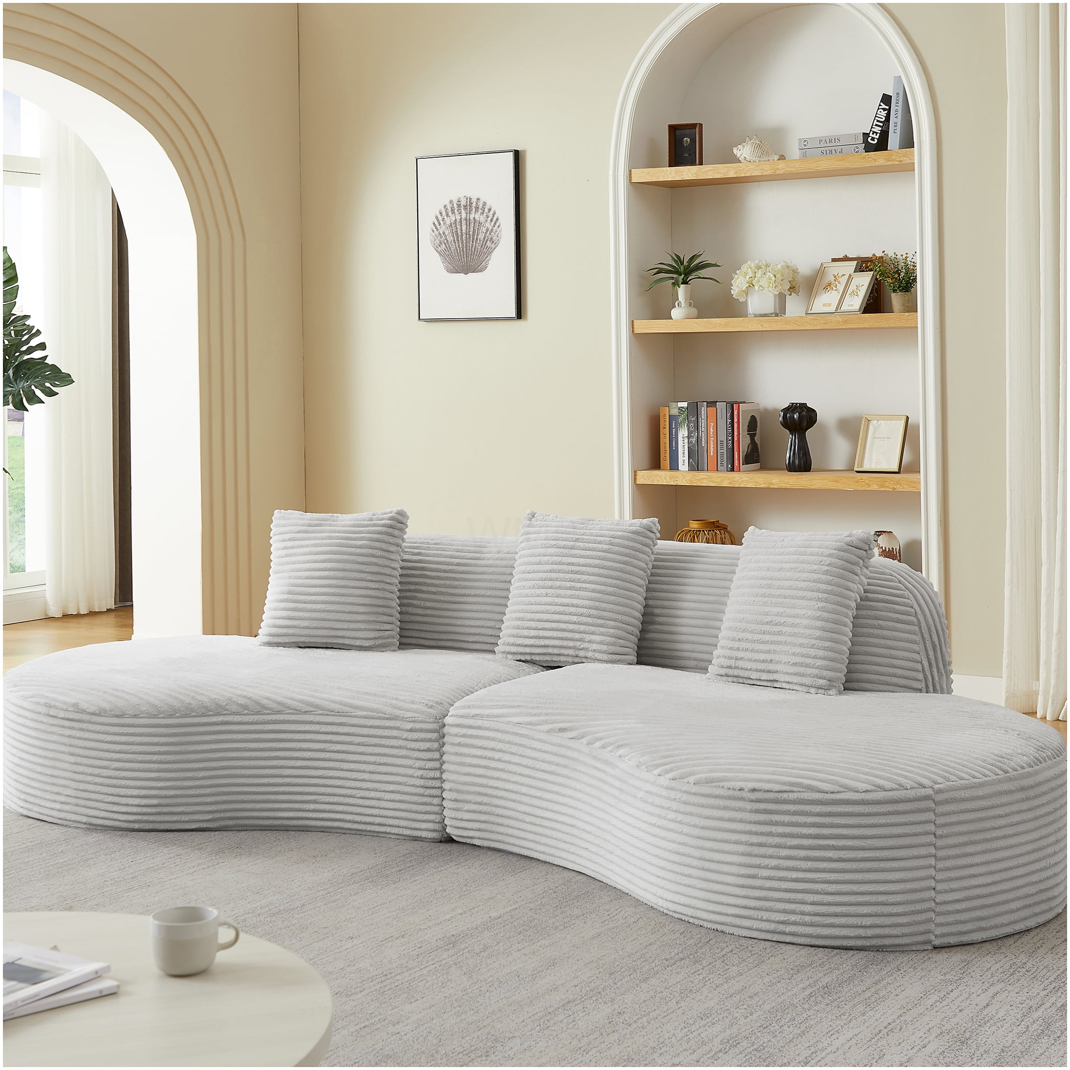 Compressed Curved Corduroy Sofa, 4-Seat Sectional Couch with Pillows, Light Grey Fabric Upholstery, No Setup Needed