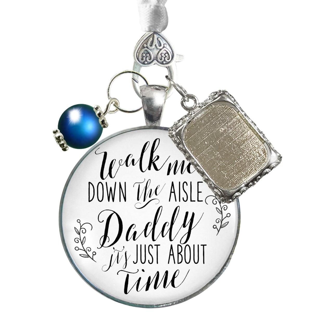 Bouquet Photo Charms For Wedding Father Memorial Walk Me Down Aisle Daddy  Silvertone Jewelry White Glass Pendant Something Blue Bead 1 Frame Loving