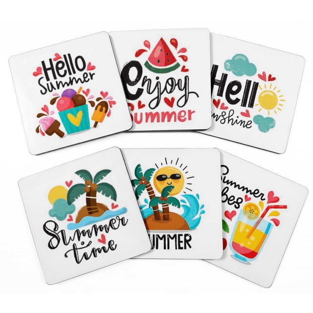 Inkdotpot Set of 6 Drink Coasters DecorativeNon,SlipCork Base4-inch Square PrintedCoastersEasy Clean- Summer