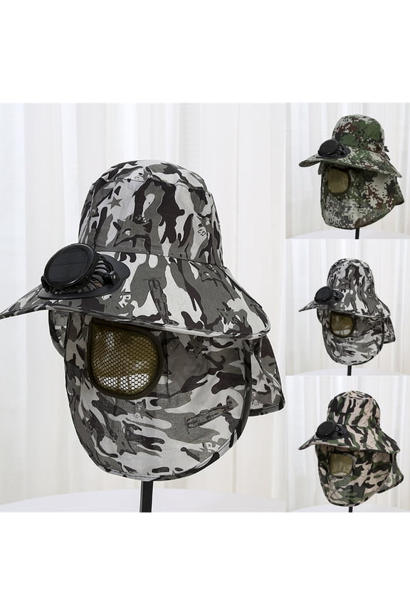4.33 Inch Brim Solar Fan Hat Camouflage Balaclava Boonie Hat with Cooling Fan 360 Full Coverage for Fishing Hiking Outdoor Work Black Brim: 4.33"