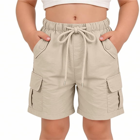 Maqroz Girls Cargo Shorts Elastic Waist Button Closure Casual Summer Shorts with Side Pockets Solid Color Loose Fit Bottoms 5-15 Years