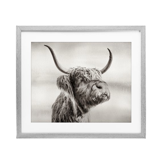 Stupell Industries Rustic Lodge Horned Highland Cow Gazing Gray Framed Print Under Glass, 16 x 13, by Julia Frost