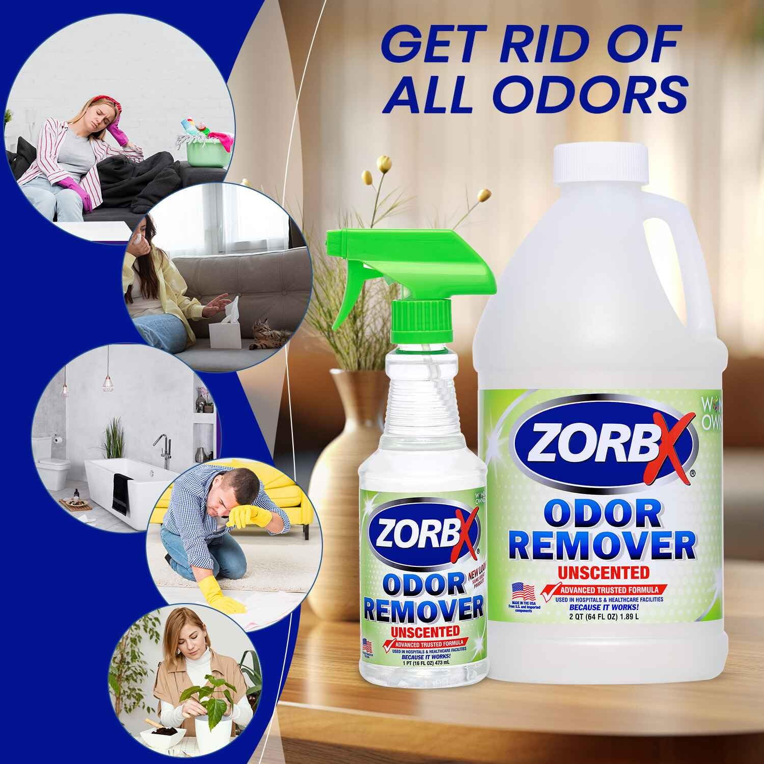 ZORBX Unscented Odor Eliminator Spray for Hospitals & Healthcare – Dog, Cat, Car & Carpet Deodorizer (16oz + 64oz)