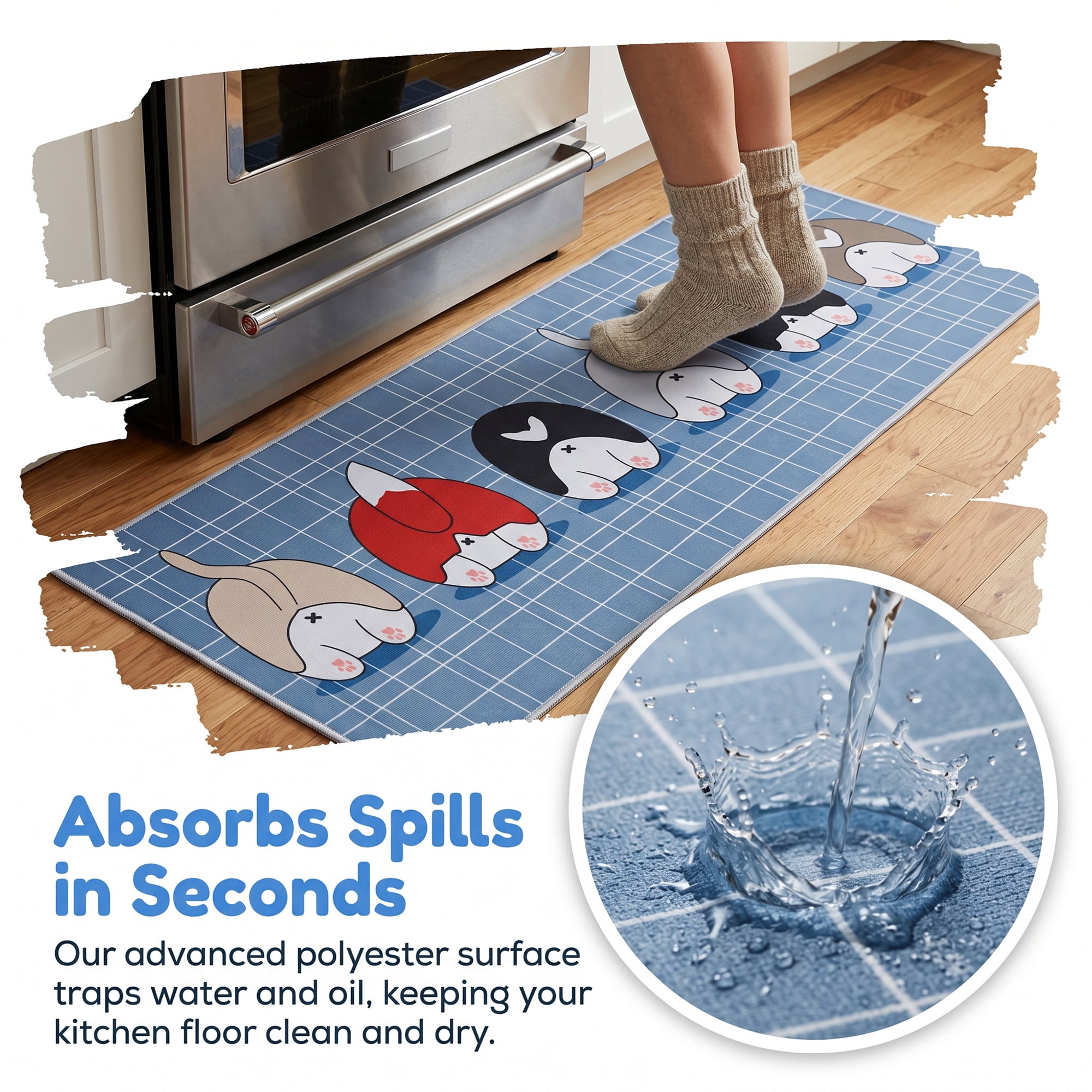 Unique Bargains Non Slip Dog Butt Floral Printed Kitchen Rugs and Mat Gray 24"x16"+47"x16"