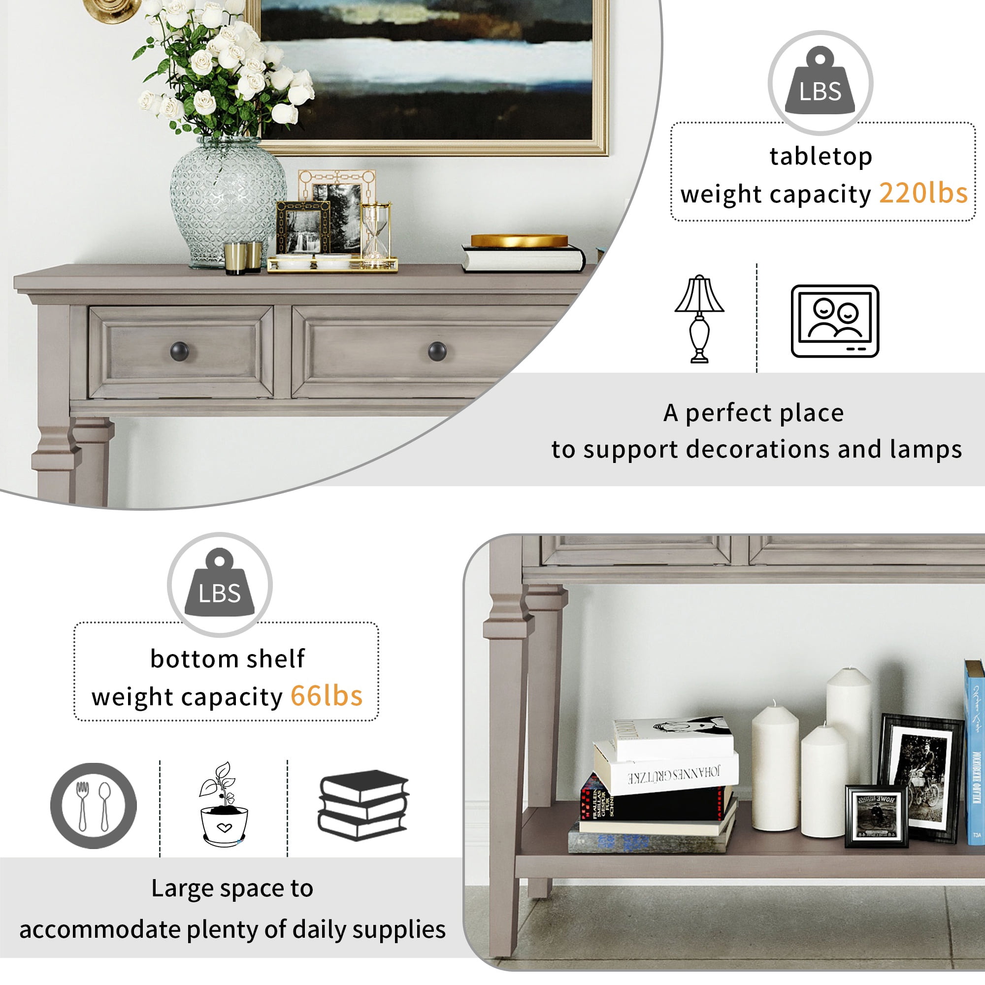 PORKISS 50" Console Table with 3 Storage Drawers, Narrow Long Entryway Table with Bottom Shelf, Vintage Sofa Table with Wood Frame for Living Room Entryway/Hallway/Foyer, Gray Wash