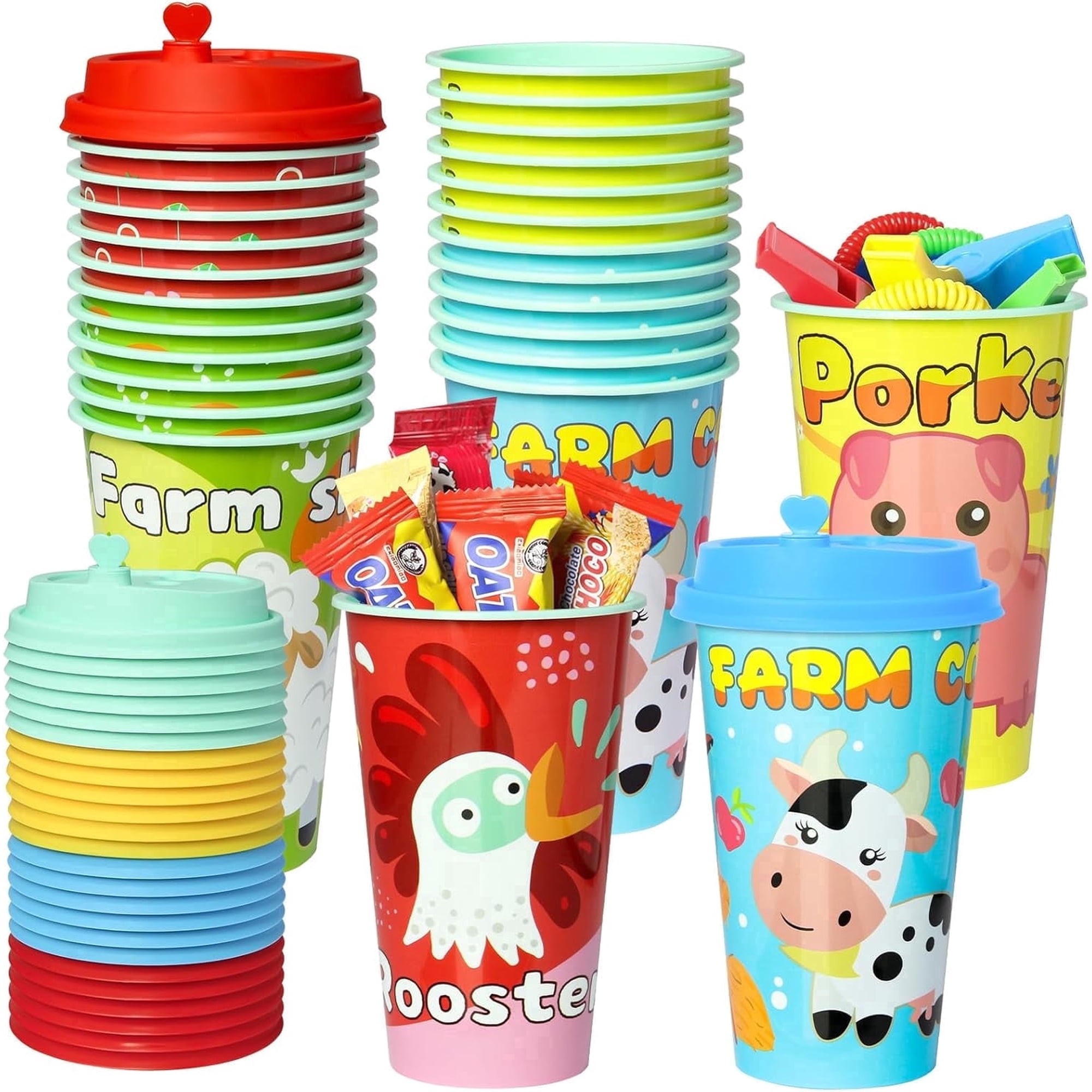 AFZMON Farm Animals Cups with 4 Patterns, Farm Party Supplies Favors Goodie Cups，24Pcs 16OZ Barnyard Party Decorations