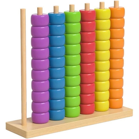 Color Matching Stacking Game, Colorful Wooden Beads Fun Board Game, with Rings, Racks & Cards