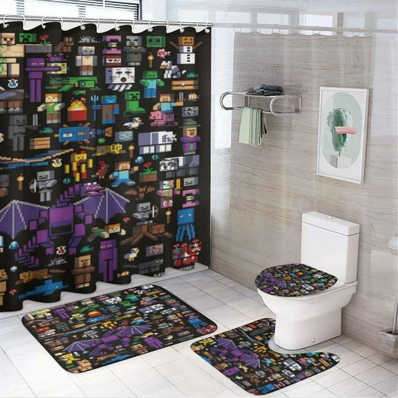 Minecraft Power 4 Pcs Shower Curtain Sets Non-Slip Rugs Bath Mat Toilet Cover U Shaped Mat for Bathroom Decor Bathroom Set 72" X 72"