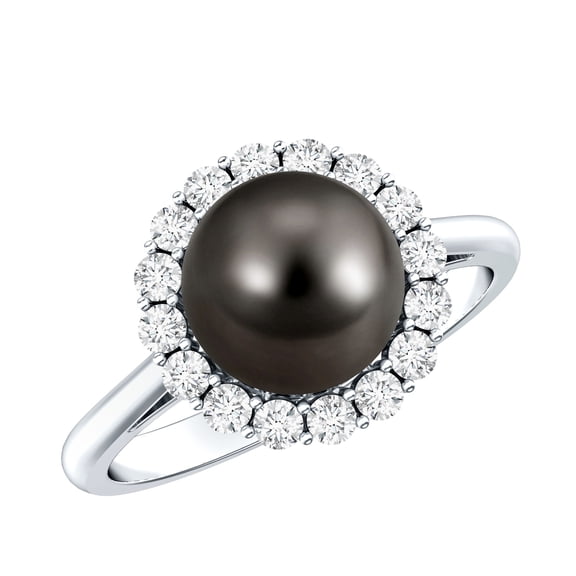 Rosec Jewels Tahitian Pearl Diamond Engagement Ring with Halo - 8 Carat - Black Pearl Ring - AAA Quality - With Jewelry Box, 925 Sterling Silver, US 4.00