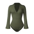 thumbnail image 4 of Women's Sexy Bodycon Long Sleeve One Piece Jumpsuit V Neck Zip Up/Button Down Ribbed Thong Romper Solid Color Casual Bodysuit, 4 of 6