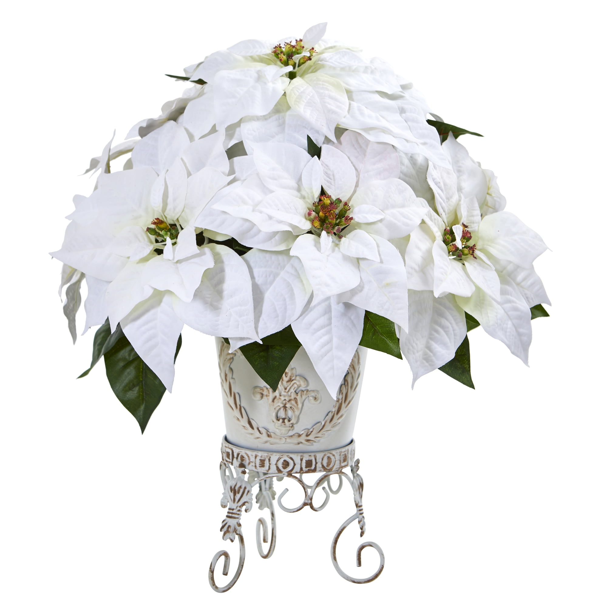 Nearly Natural 20" Poinsettia Artificial Plant in Metal Planter, White