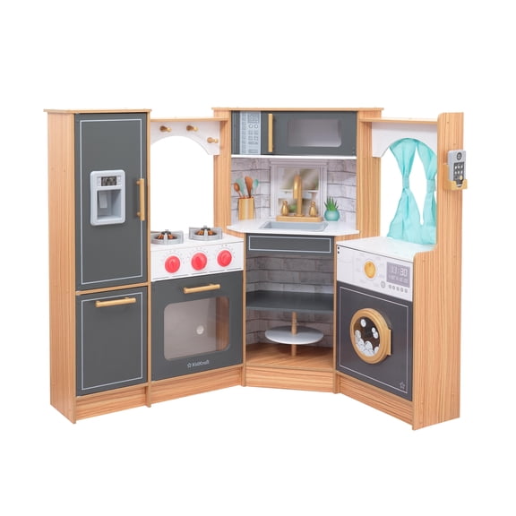 KidKraft Ultimate Corner Wooden Play Kitchen with Lights & Sounds, Play Phone and Curtains, Natural, Gift for Ages 3