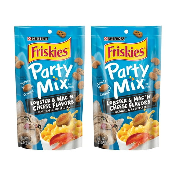 Purina Friskies Party Mix Cat Treats, Lobster Mac n Cheese Flavors, Crunchy Texture Helps Keep Cat Teeth Clean, 2.1-Ounce Resealable Pouch (Pack of 3)