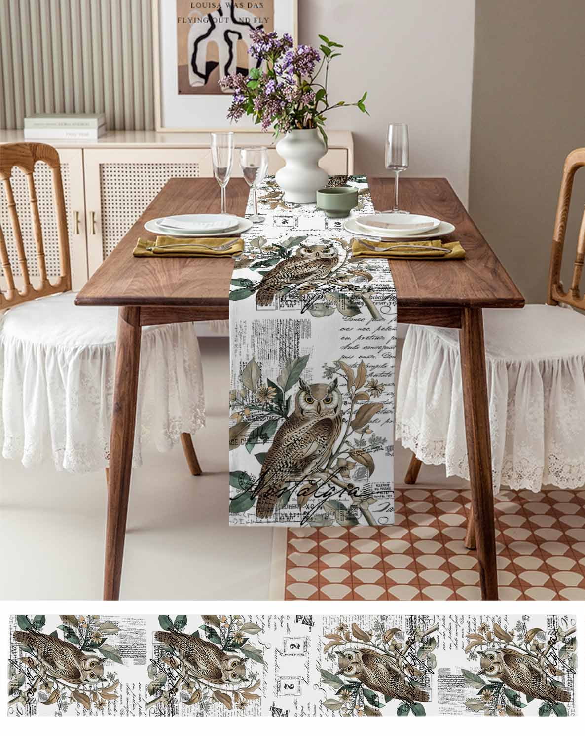Ldtrchee Farmhouse Owl Table Runner 36 Inches, Country Envelope Postmark Botancial Bed Runner Dresser Scarves Tabletop for Indoor Outdoor Parties/Ceremony/Banquet, 13"x 36"