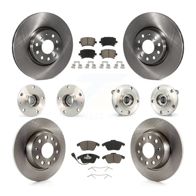 Transit Auto Front Rear Hub Bearings Assembly Disc Brake Rotors and Ceramic Pads Kit (10Pc) for Car Volkswagen GTI Audi A3 - Left Right Side (Driver Passenger) KBB-127964