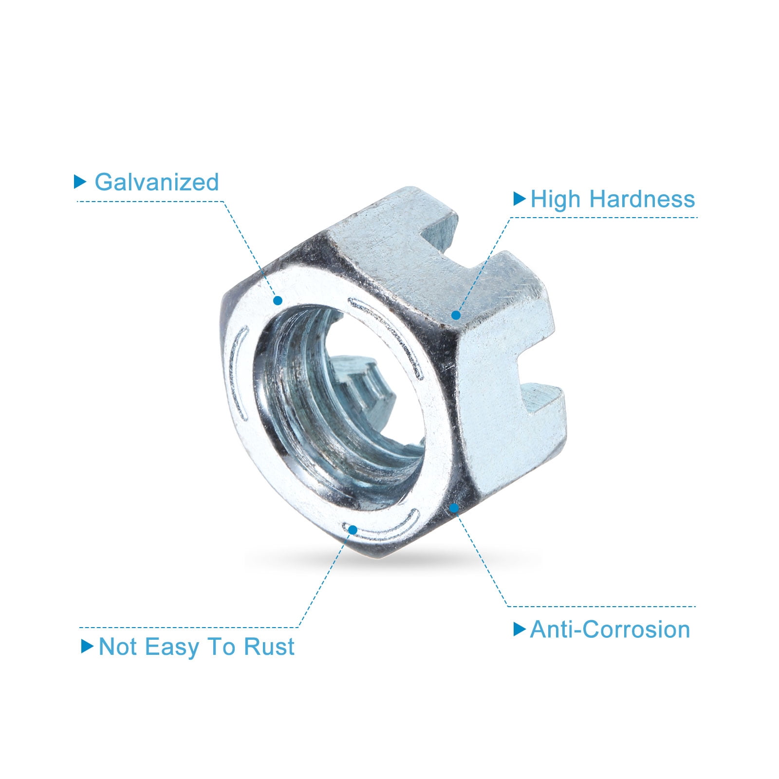 5/8"-11 Hexagon Slotted Nut, Grade 6.8 Carbon Steel Hex Nuts, Silver, 12Pack
