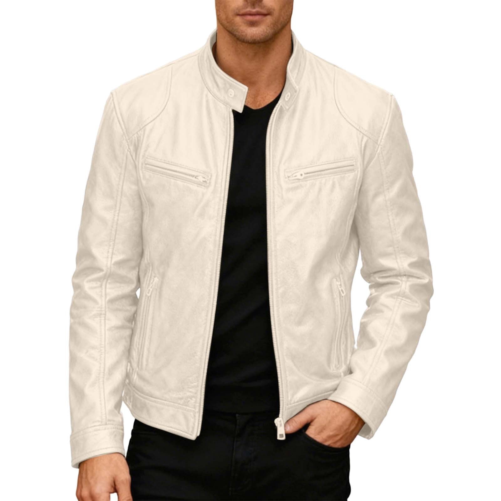 Wuxian Men Punk Leather Jacket Stand Collar Full Zip Up Business Oversized Long Sleeve Casual Cozy Windproof Stylish Dailywear,Beige,XXXL