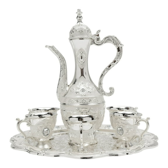 8.45Oz Antique Turkish Teapot Set 6 Cups Tea Pot Coffee Pot with Tray Silver