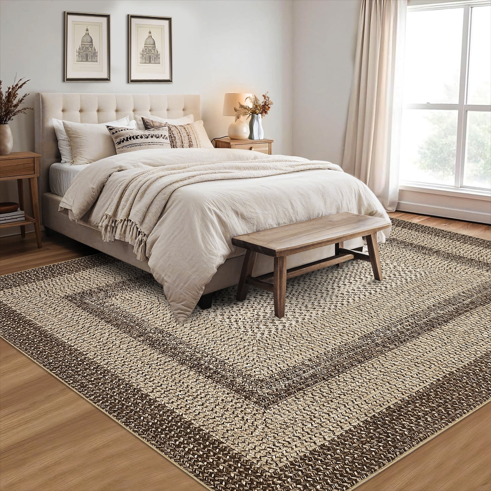 Garvee 9'x12' Printed Braided Rugs Farmhouse Bordered Carpet, Machine Washable Indoor Area Rug Non-Slip Low Pile Rugs for Living Room Bedroom Home Decor, Natural