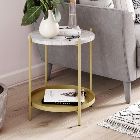 Nathan James Alexis White Faux Marble with Gold Brass Metal Frame Round End Side Table