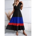thumbnail image 3 of Women Party Color Block Dress High Waist Short Sleeve Maxi V Neck Dress Casual Ruched Ruffle Hem Dress Color 3 XXL, 3 of 7