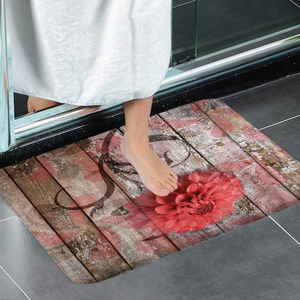 Farmhouse Floral Flower Bath Mat, Dahlia Rustic Wooden Plank Country Barn Wood Red Flower Non-Slip Flannel Soft Doormat Floor Entryways Outdoor Indoor Front Door Mat, (16X24)