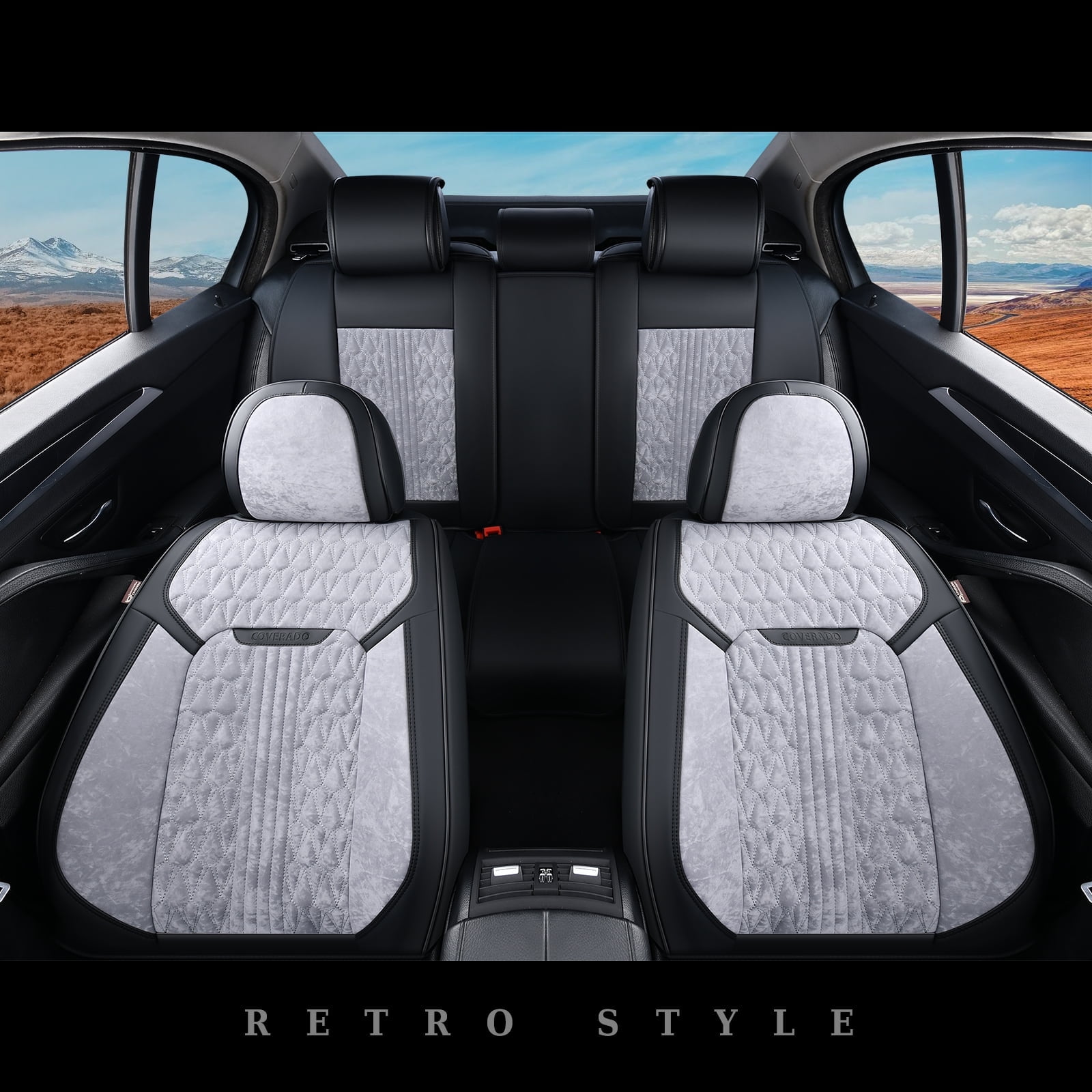 Coverado Full Set Car Seat Covers, Front and Back Seat Protectors, Faux Leather & Flannel Fashion Auto Accessories, Universal Fit Most Cars, SUVs Pickup Trucks, Black&Gray