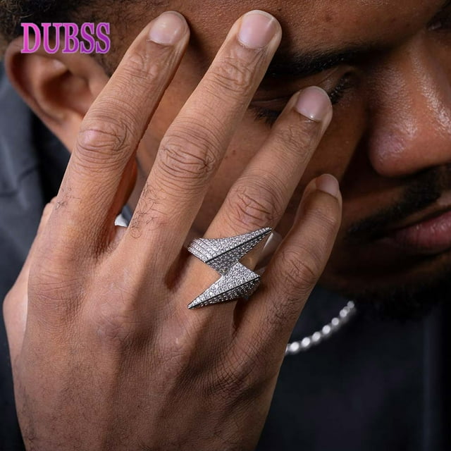DUBSS Men's Lightning Rings Charms Real Gold Plated BLING Cubic Zircon Fashion Hip Hop Jewelry Christmas Gift