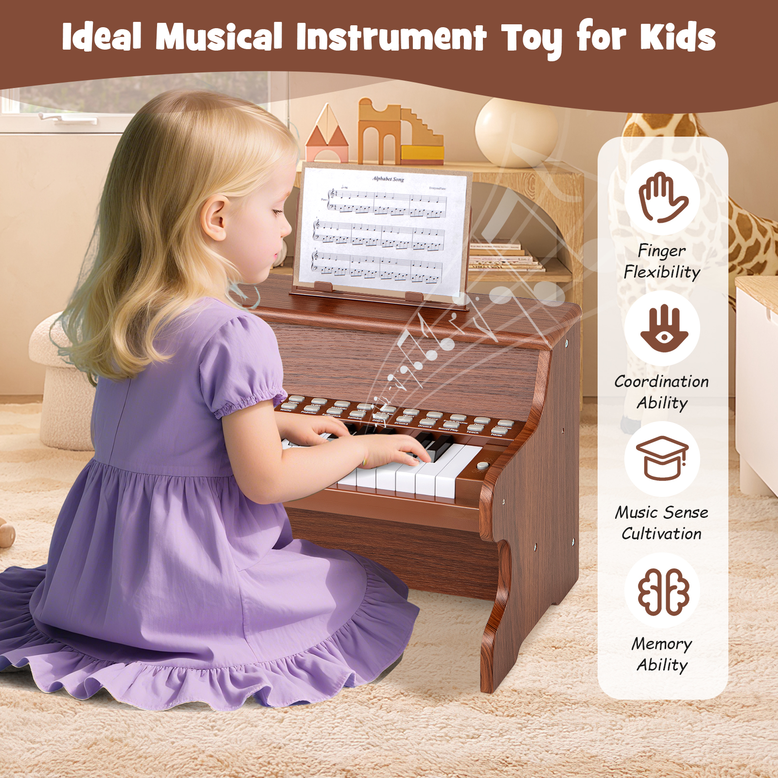 Gymax 25 Keys Digital Piano w/Music Stand Teaching Mode Lighted Keys 6 Instruments Brown