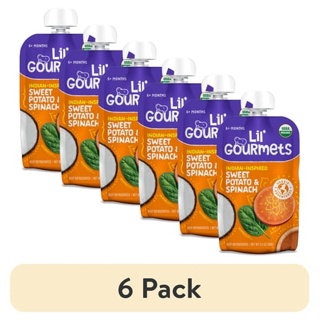 (6 pack) Lil’ Gourmets Refrigerated Stage 2 Baby Food, Indian-Inspired Sweet Potato & Spinach, 3.5 oz Pouch