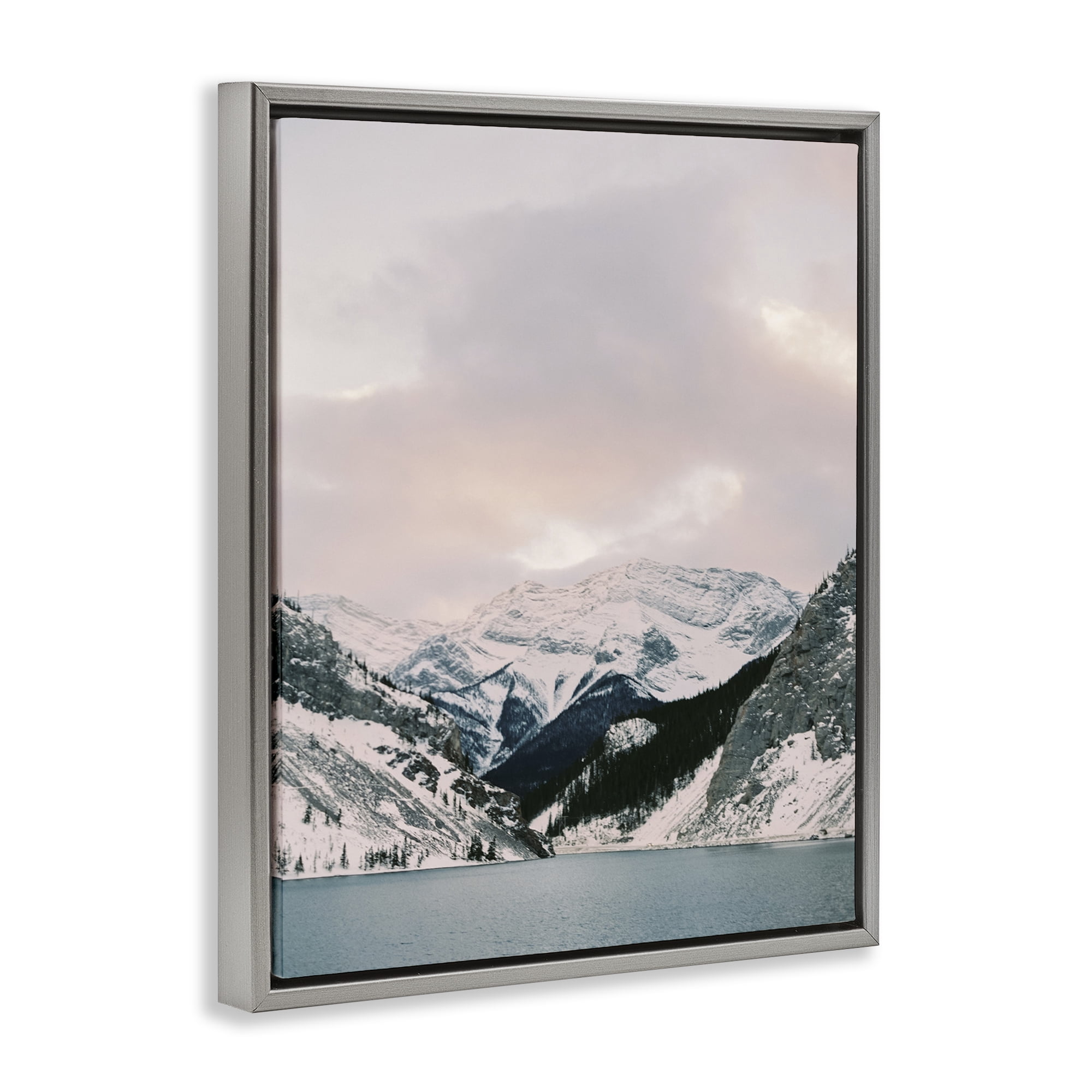 Stupell Industries Snowy Peaks Seascape Landscape Photography Gray Floater Framed Art Print Wall Art, 25 x 31