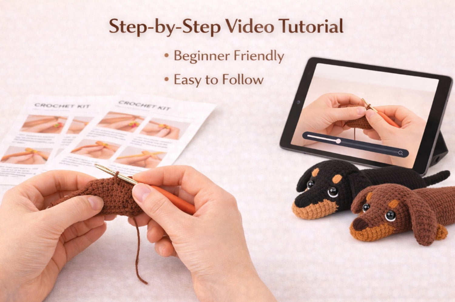 2 Pack Dachshund Crochet Kit for Beginners, Dog Amigurumi Starter Set with Step by Step Video Tutorials, TIKA