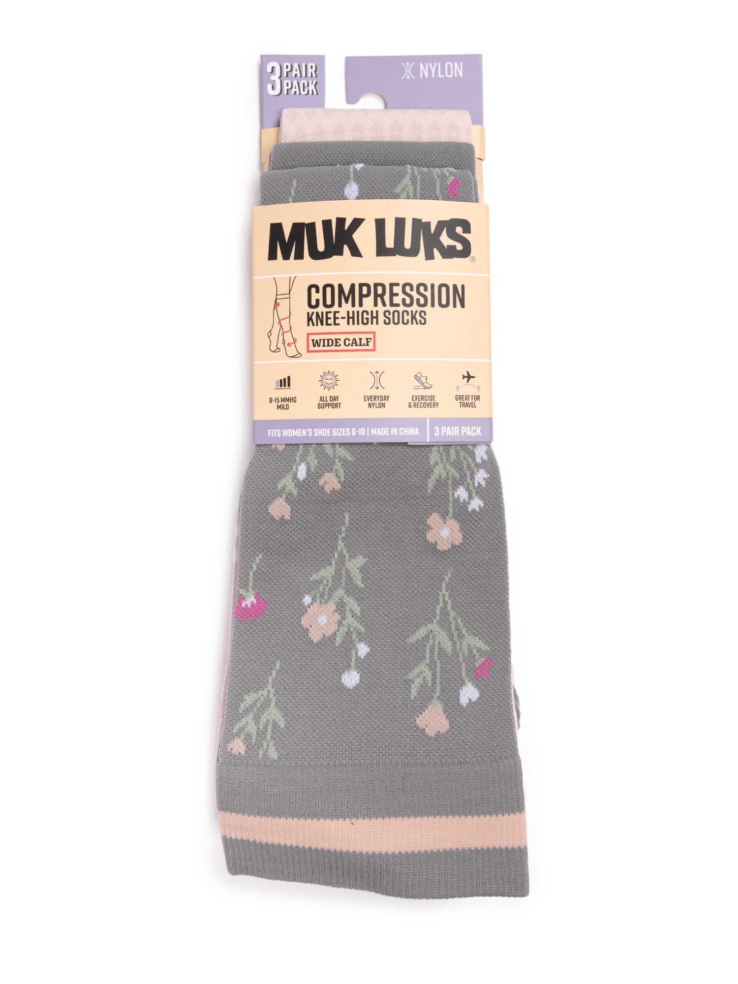 MUK LUKS Women's Wide Width Compression Nylon Knee-High Socks, 3-Pack, Shoe Size 6-10