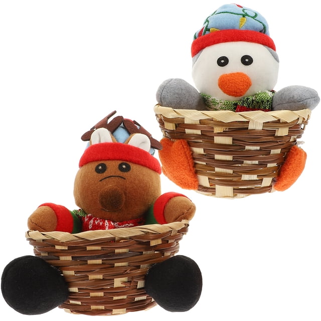 KAKOWELY 2 cestas navideñas para dulces, decorativas, de bambú, con forma de alce, muñeco de nieve, galletas, comida y fruta.
