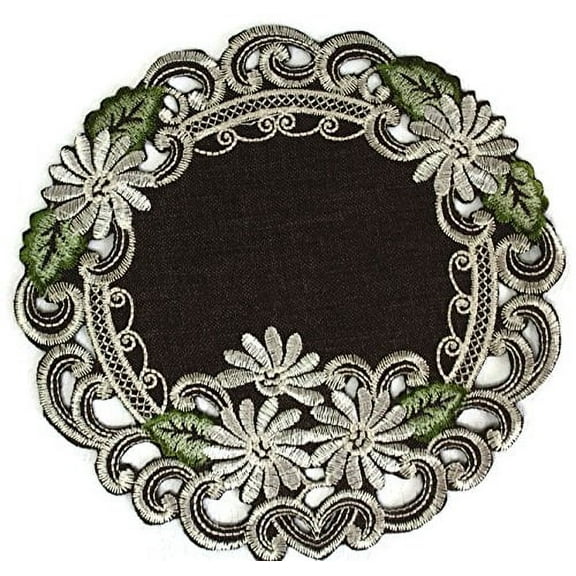 Doily Boutique Round Doily Embroidered with White Daisy Flowers on Brown Burlap Style Linen Fabric, Size 23 inches