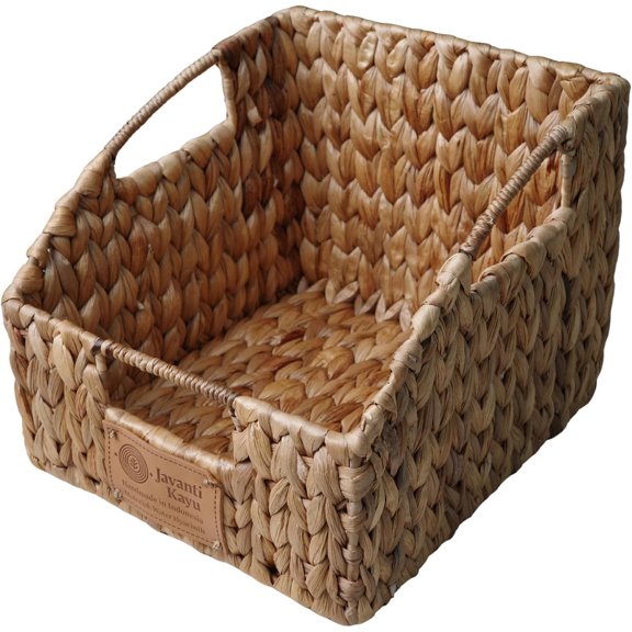 JAVANTI KAYU - Handmade Water Hyacinth Wicker Pantry Organizer Bin – Slanted Front Storage Basket for Kitchen, Shelves, Closet, Food & Snack – Natural, Durable, Decorative (1, 10" x 9" x 8")