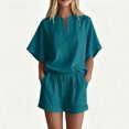 thumbnail image 2 of KyCheLot Womens 2 Piece Outfits Solid Color Short Sleeve Button V Neck Sleepwear Shorts Loose Trendy Loungewear, 2 of 6