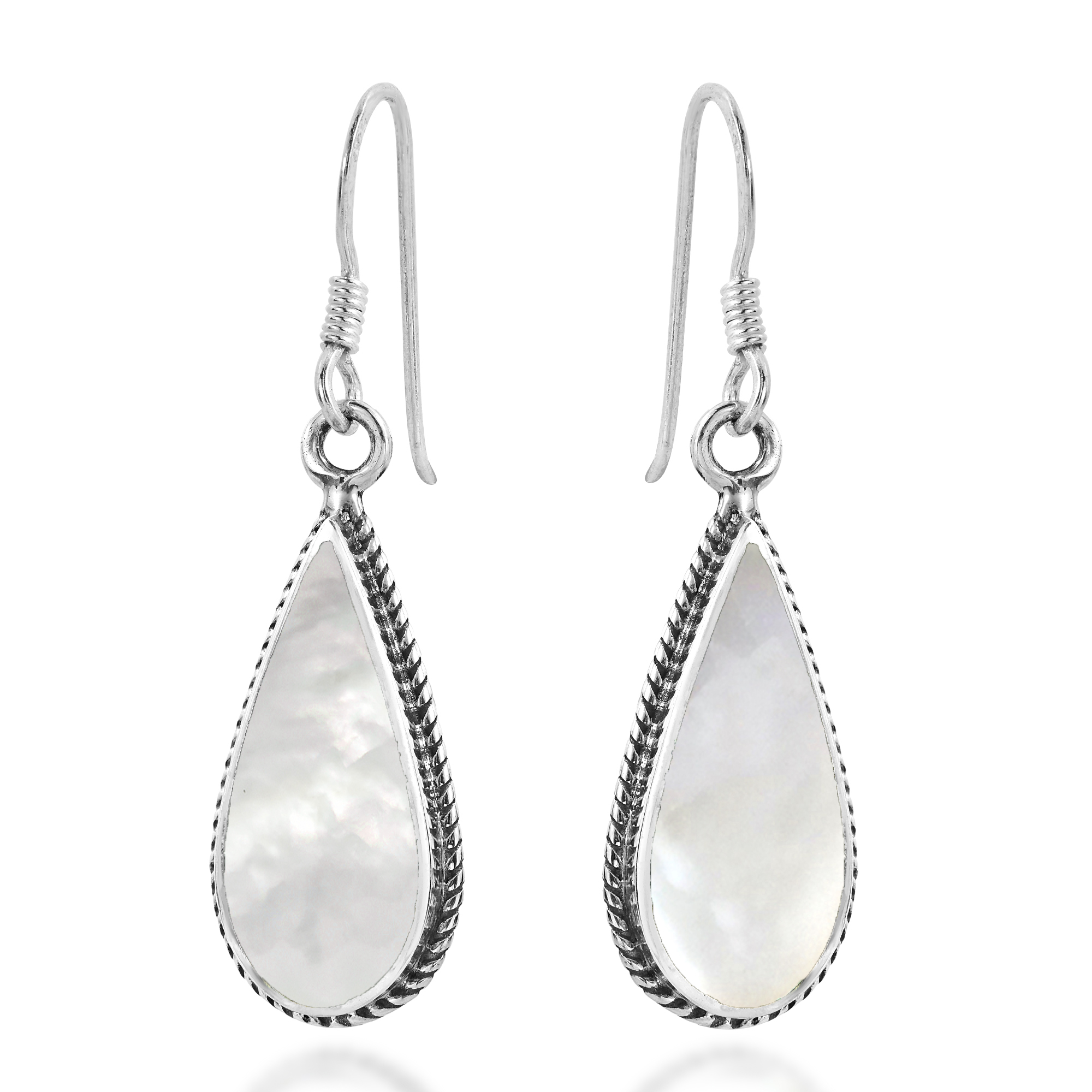 Classic Teardrop Shaped White MOP Inlaid Sterling Silver Dangle