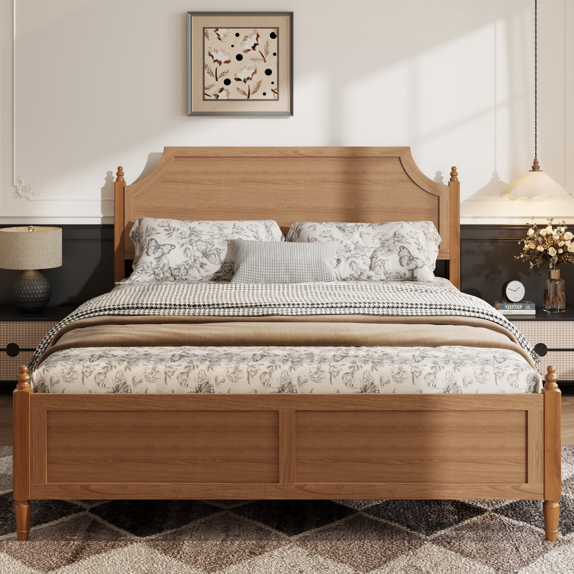 Mintazer Queen Size Farmhouse Curved Platform Bed Frame with Headboard & Footboard for Guest Master Bedroom, No Box Spring Needed, Walnut Brown