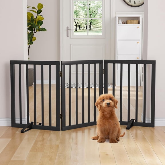 Semiocthome Bamboo Freestanding Dog Gates for Doorways3-Panel Indoor Puppy Gates for the House with 2 Metal Stands,24"H Folding Pet Gate for Stairs Expands Up to 55"W Fully Assembled Stair Gate Black