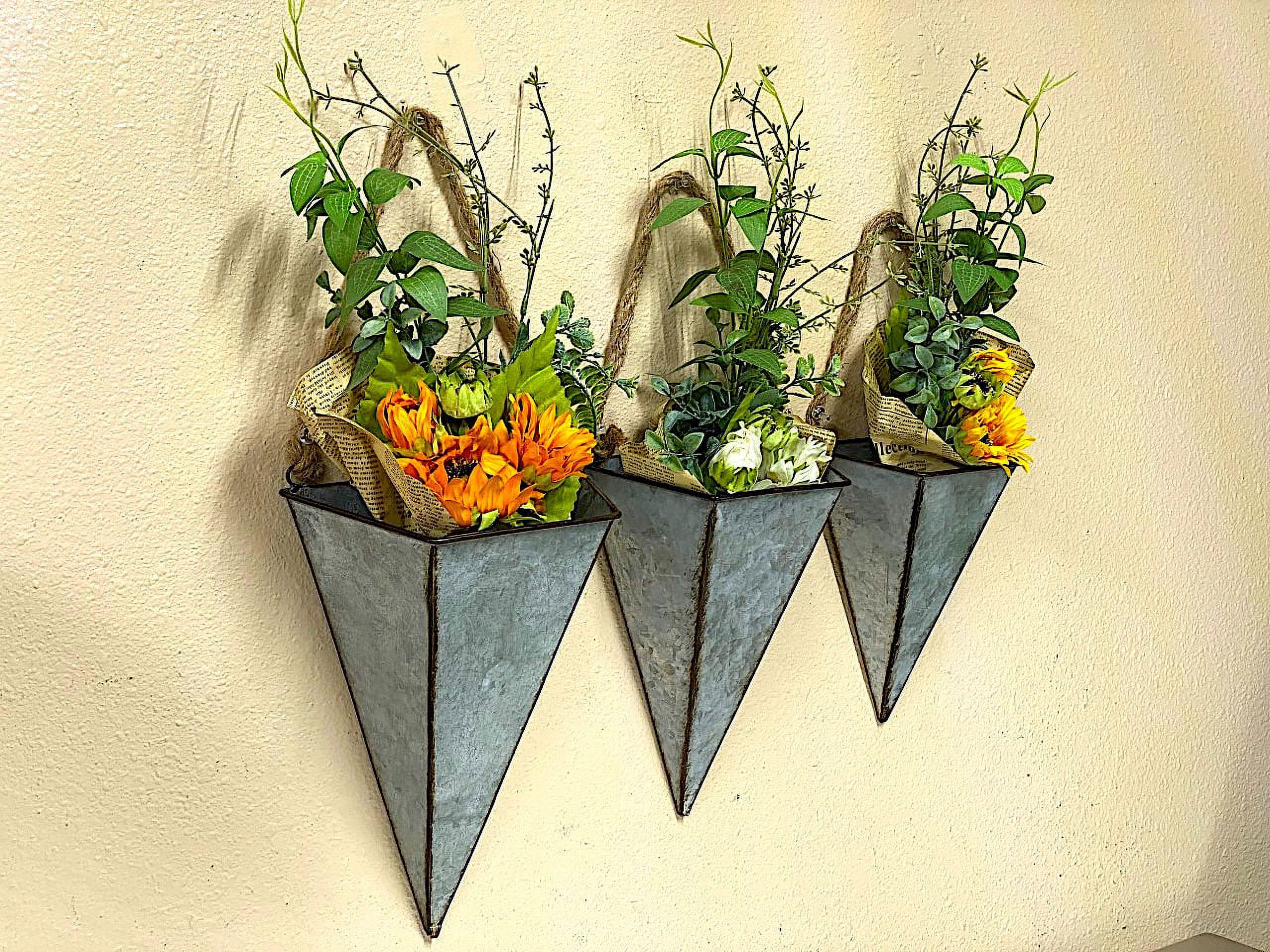S/3 Hanging Metal Planters Galvanized Pockets W Ropes Cone Shape Modern Urban Rustic Industrial Indoor Outdoor