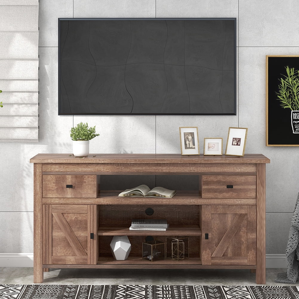 Resenkos Functional Particleboard TV Stand with Two Drawers and Open Style Shelves Sliding Doors and Adjustable Shelf, Barnwood Resenkos Functional Particleboard TV Stand with Two Drawers and Open Style Shelves Sliding Doors and Adjustable Shelf, Barnwood