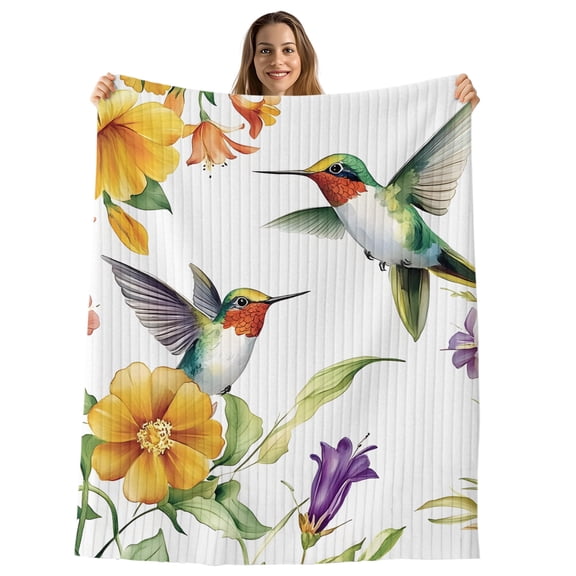 Spring Floral Throw Blanket, Flannel Fleece Blanket with Striped Design for Couch, Summer Botanical Birds Vintage Soft Breathable All Season Plush Blankets for Sofa Office Travel 40"x50"