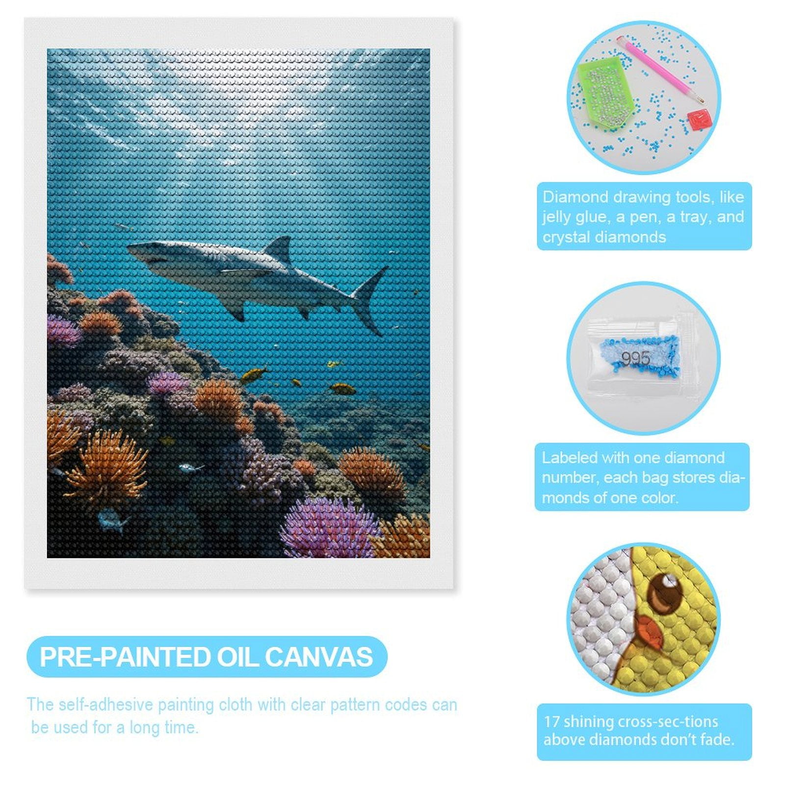 Diamond Art Kits for Adults, Shark Coral Reef Underwater Scene 5D Diamond Painting Kits for Adults Beginners, DIY Full Drill Diamond Painting, Gem Art and Crafts 12x16