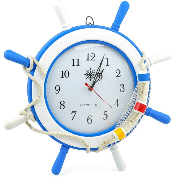 Nagina International 17 Inches Ship Wheel Wall Clock Distressed Wood Blue White Nautical Decor Beach Ocean