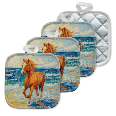

4 Pack Pot Holders Kitchen Essential Potholder Set Horse Galloping Along The Ocean Shore