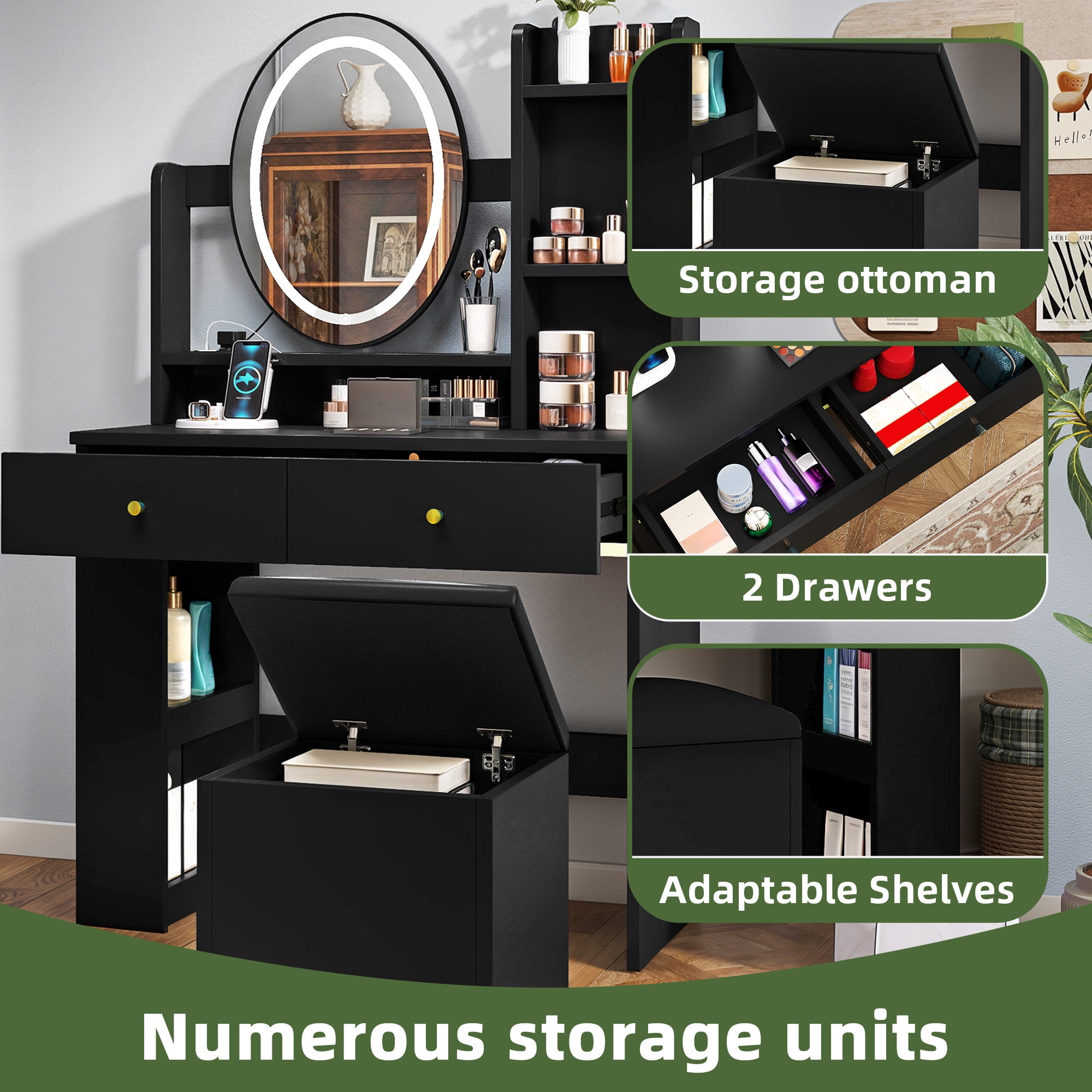 Uforic Vanity Table with 3 Lighting Colors, 2 Drawers, and Cushioned Stool - Black