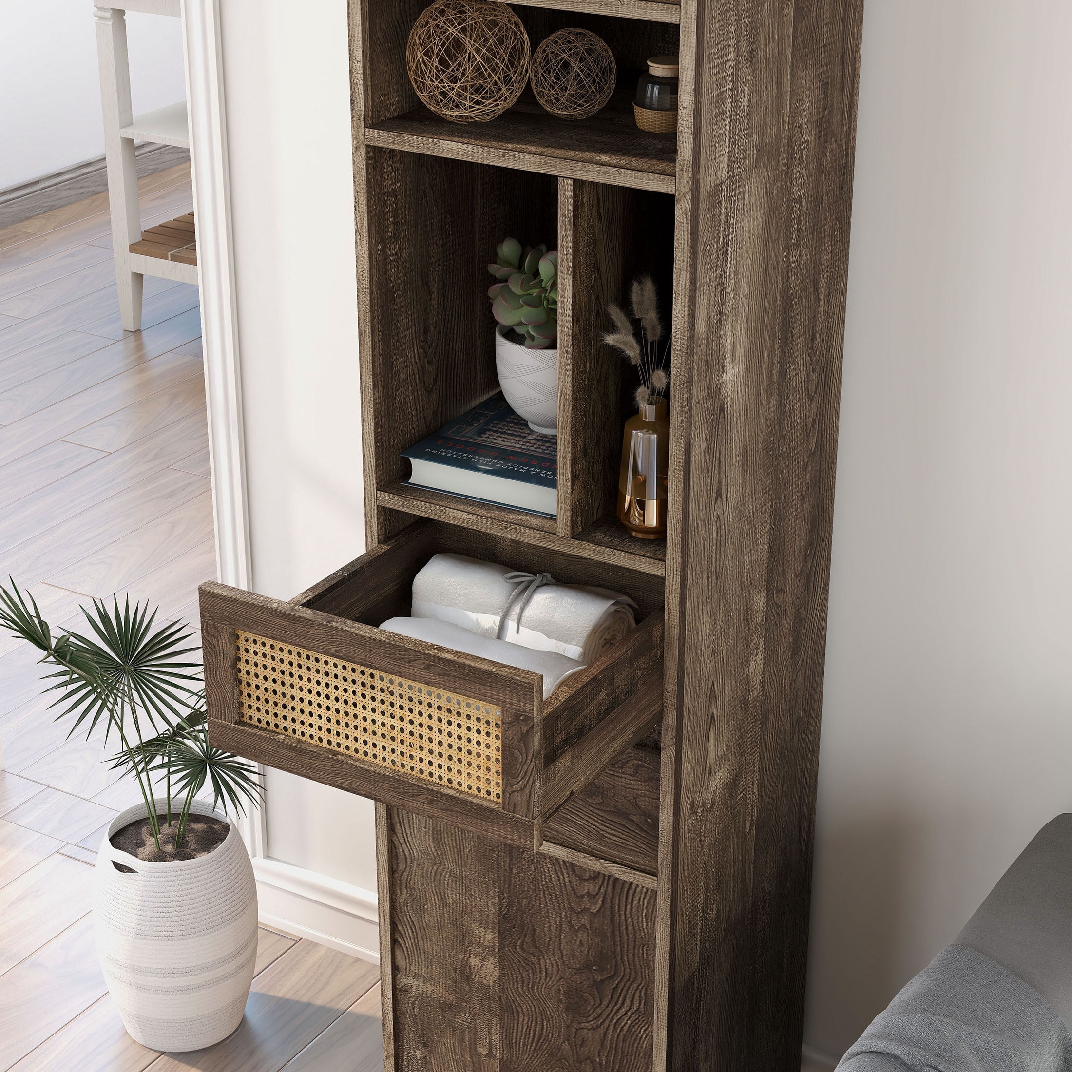 Furniture of America Burd Modern Multi-Storage TV Tower, Reclaimed Oak